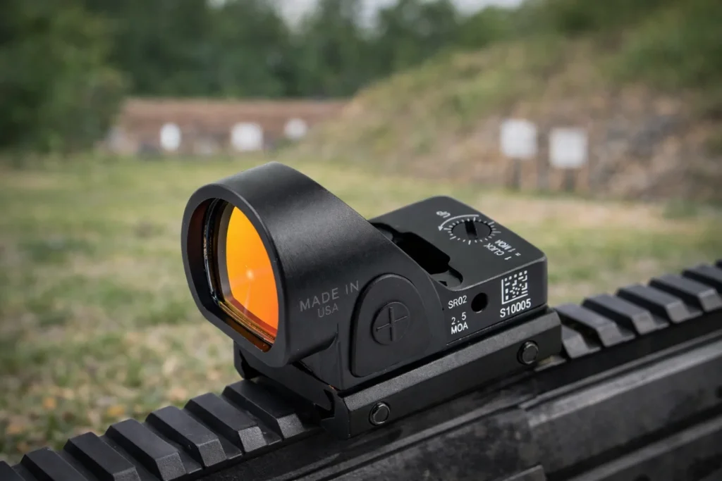 AKR3-red-dot-sight-outdoor-rocky-terrain-angle-view